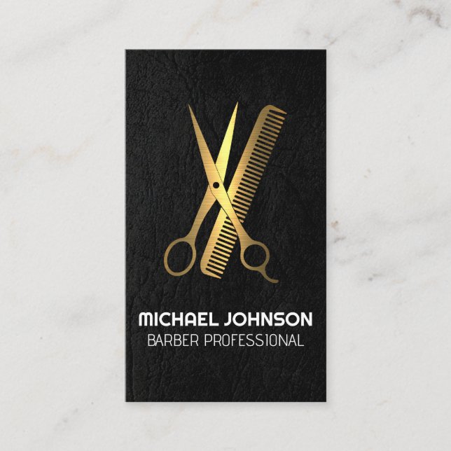 Gold Metallic Scissors Comb | Leather Texture Business Card (Front)