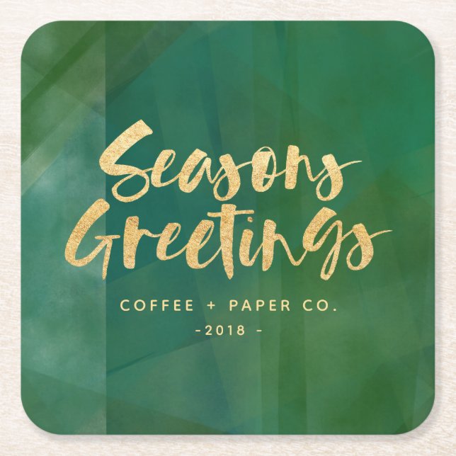 Gold metallic seasons greetings square paper coaster (Front)