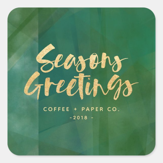 Gold metallic seasons greetings square sticker (Front)