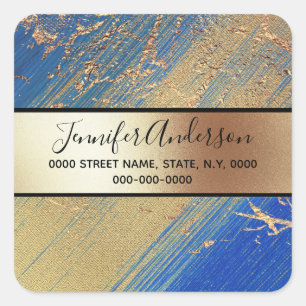 Gold metallic shimmer marble blue modern chic square sticker