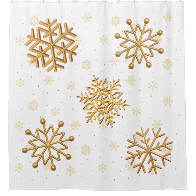 Gold Metallic Snowflakes on White Shower Curtain (Front)