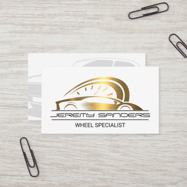 Gold Metallic Sports Car Logo Business Card (Front/Back In Situ)