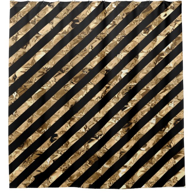 Gold Metallic Stripes on Black Shower Curtain (Front)
