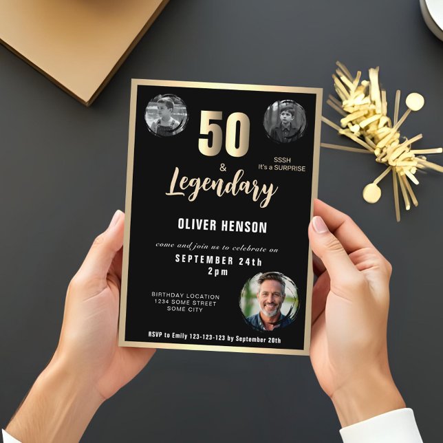 Gold Metallic Surprise 3 Photo 50th Birthday  Invitation (Creator Uploaded)