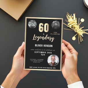 Gold Metallic Surprise 3 Photo 60th Birthday  Invitation