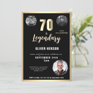 Gold Metallic Surprise 3 Photo 70th Birthday Invitation