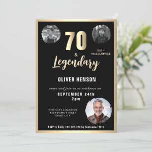 Gold Metallic Surprise 3 Photo 70th Birthday Invitation