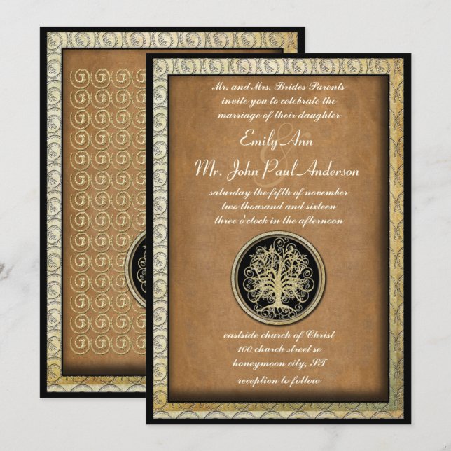 Gold Metallic Swirl Tree Gold Border Wedding Invitation (Front/Back)