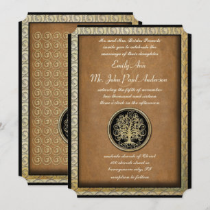 Gold Metallic Swirl Tree Gold Border Wedding Invitation
