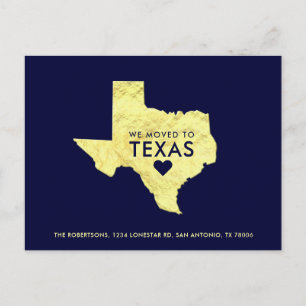 Gold Metallic Texas Map Navy Blue New Address Announcement Postcard