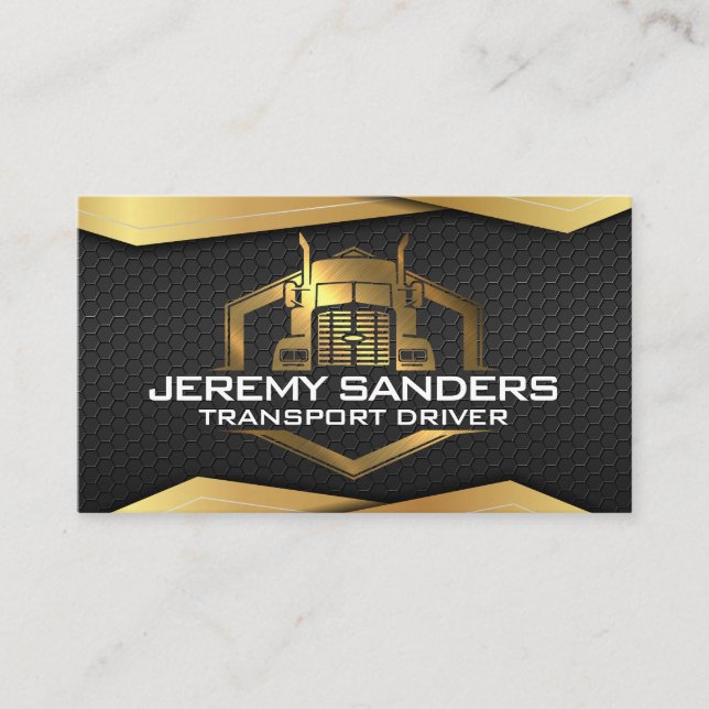 Gold Metallic Truck Logo | Black Metal Geometric Business Card (Front)