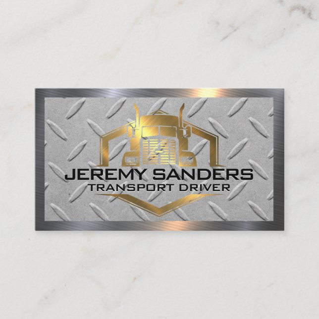 Gold Metallic Truck Logo | Steel Metal Background Business Card (Front)