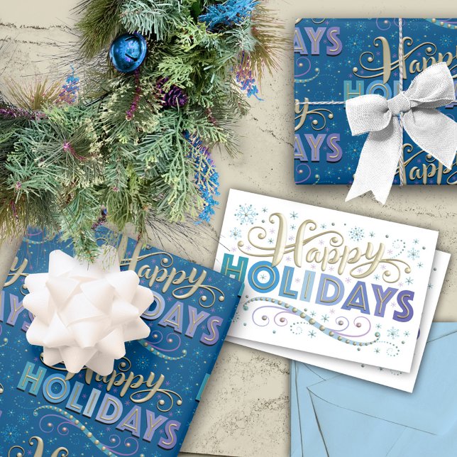 Gold Metallic Typography Blue Holiday Wrapping Paper Sheet (Creator Uploaded)