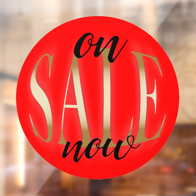 Gold Metallic Writing on Red "On SALE Now" Round Window Cling (Sheet 2)