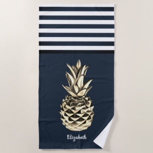 Gold MetallicPineapple Nautical Navy Blue Striped  Beach Towel