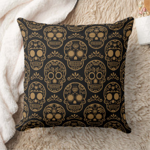 Gold Mexican Day Calavera Floral Skull Folk Cushion