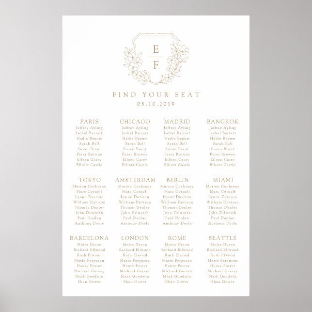 Gold Minimal Cherry Blossom Crest Seating Poster (Front)