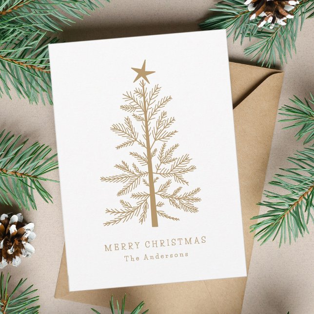 Gold Minimal Christmas Pine Tree Photo Holiday Card (Creator Uploaded)