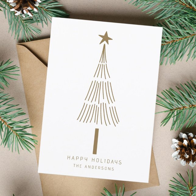 Gold Minimal Christmas Tree Photo Flat Holiday Card (Creator Uploaded)