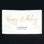 Gold Minimal Custom Happy Birthday Banner<br><div class="desc">This simple birthday banner design features stylish script lettering "Happy Birthday" with custom texts. You can personalise the text. Perfect party decor for a modern black & gold birthday party. More matching items available at my shop BaraBomDesign.</div>