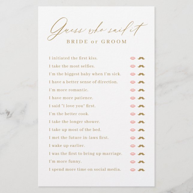 Gold minimal He said She said bridal shower game (Front)