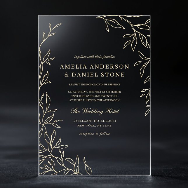 Gold Minimal Leaf Elegant Modern Wedding  Acrylic Invitations (Creator Uploaded)
