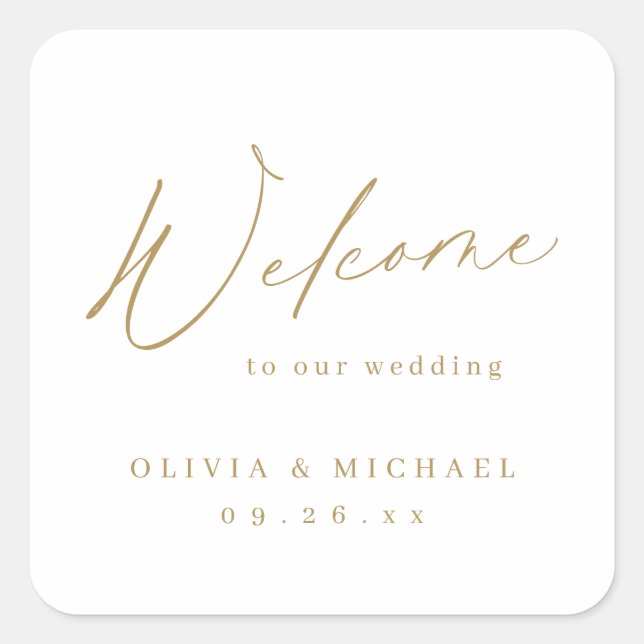 Gold minimal modern welcome minimalist wedding square sticker (Front)