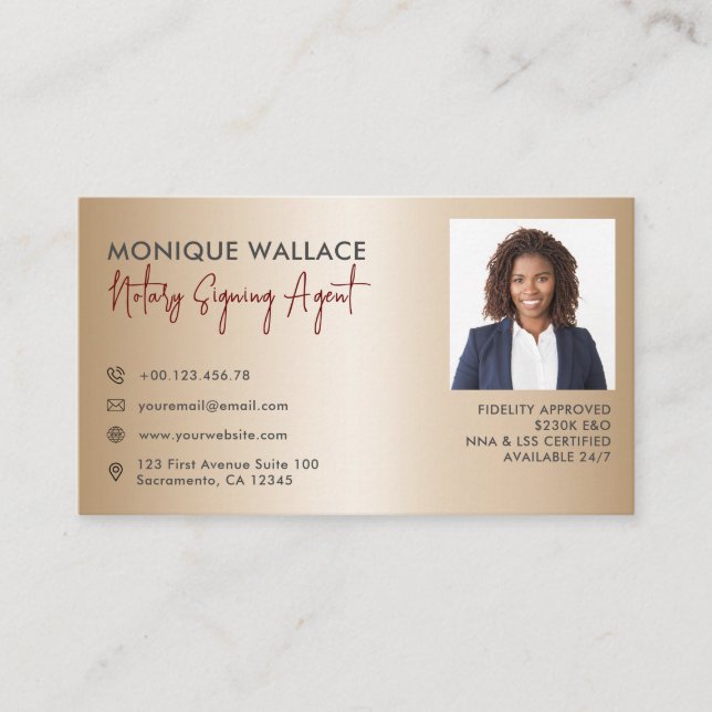 Gold Minimal Professional Photo Notary Service   Business Card (Front)