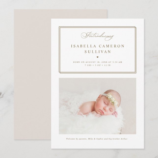 Gold Minimalist Borders Script Photo Baby Birth Announcement (Front/Back)