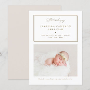 Gold Minimalist Borders Script Photo Baby Birth Announcement