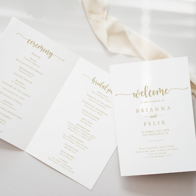 Gold Minimalist Calligraphy Folded Wedding Program Programme (Creator Uploaded)