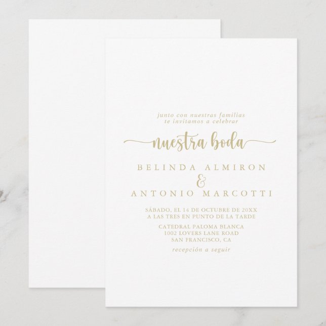 Gold Minimalist Calligraphy Nuestra Boda Wedding   Invitation (Front/Back)