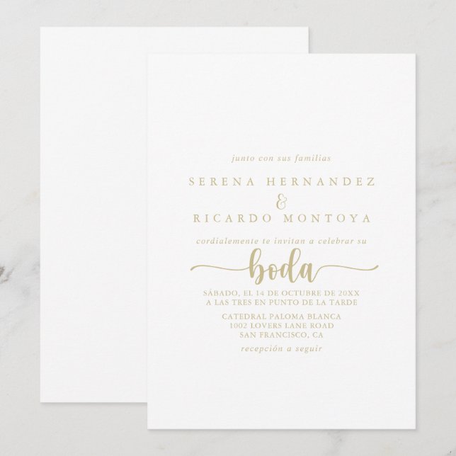Gold Minimalist Calligraphy Spanish Wedding   Invitation (Front/Back)