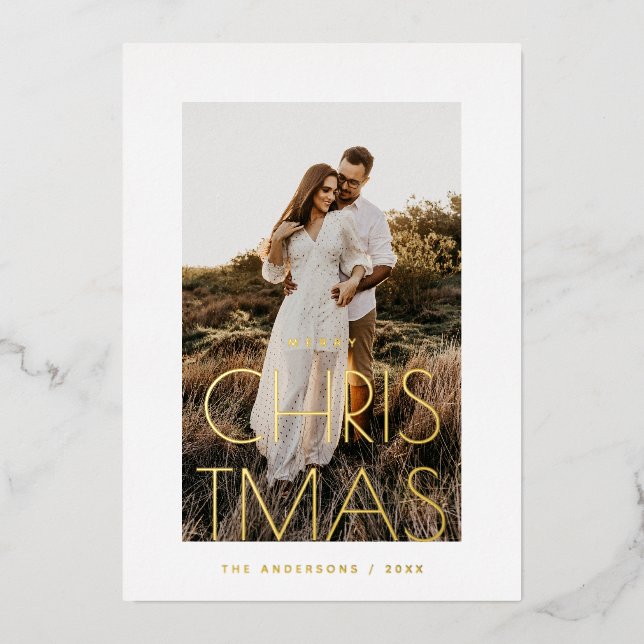 Gold Minimalist Christmas | Modern Photo Greeting Foil Holiday Card (Front)