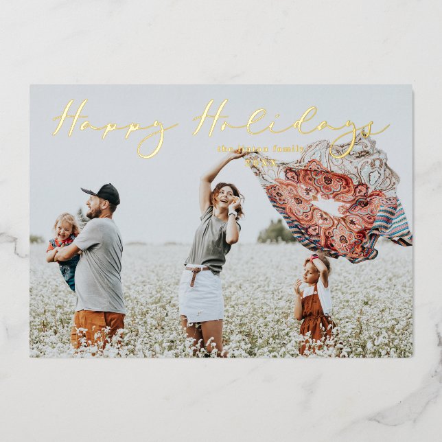 Gold Minimalist Happy Holidays Script Calligraphy Foil Holiday Card (Front)