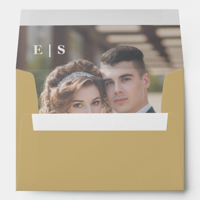 Gold Minimalist Monogram Couple Photo Wedding  Envelope (Back (Bottom))