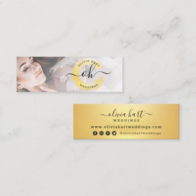 Gold Minimalist Paint Swash Custom Logo Photo Chic Mini Business Card (Front/Back)