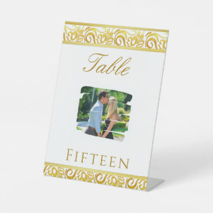 Gold Minimalist Photo Wedding Table Number Pedestal Sign