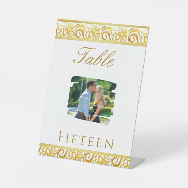 Gold Minimalist Photo Wedding Table Number  Pedestal Sign (Front)