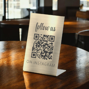 Gold Minimalist QR Code Follow Us on Instagram Pedestal Sign