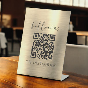 Gold Minimalist QR Code Follow Us on Instagram Pedestal Sign