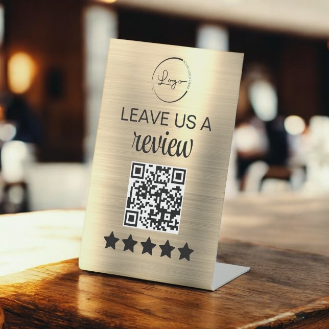 Gold Minimalist QR Leave Us a Review Business Pedestal Sign (Creator Uploaded)