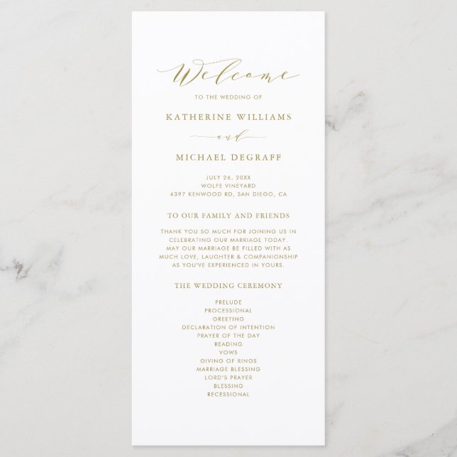 Gold Minimalist Script Order of Ceremony Wedding Programme (Front)