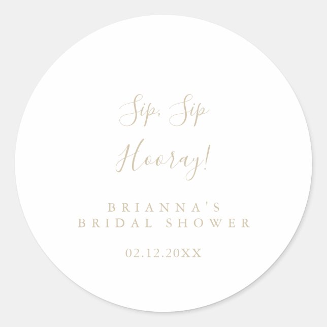 Gold Minimalist Sip Sip Hooray Bridal Shower  Classic Round Sticker (Front)