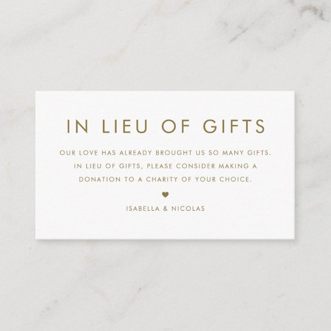 Gold Minimalist Typography In Lieu Of Gifts Enclosure Card (Front)