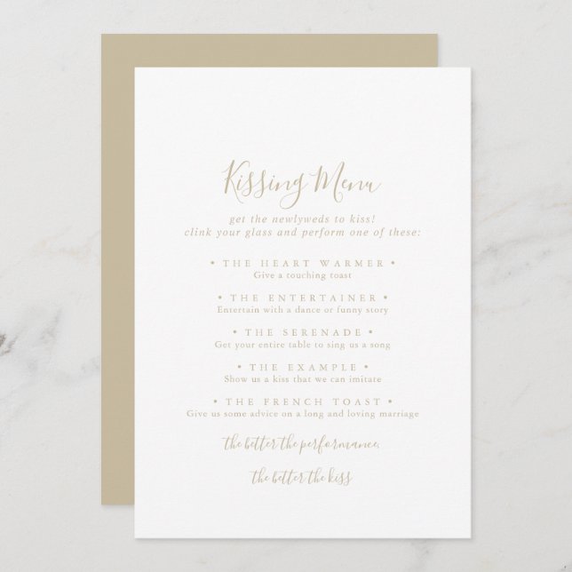 Gold Minimalist Wedding Kissing Menu Game Card (Front/Back)