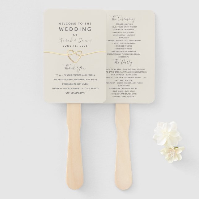 Gold Minimalist Wedding Program Hand Fan (Front and Back)