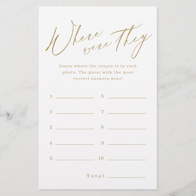 Gold minimalist where were they bridal shower game (Front)