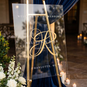Gold Minimalistic Monogram Clear Wedding Welcome Acrylic Sign