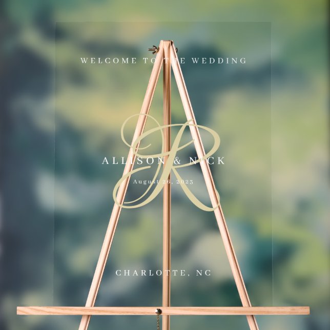 Gold Minimalistic Monogram Clear Wedding Welcome Acrylic Sign (Neutral)